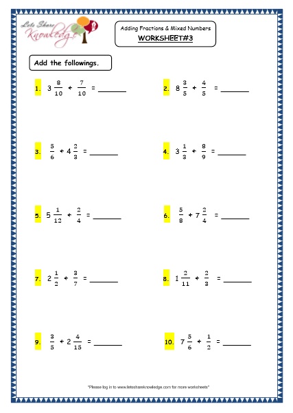  Adding Fractions and Mixed Numbers Printable Worksheets Worksheets