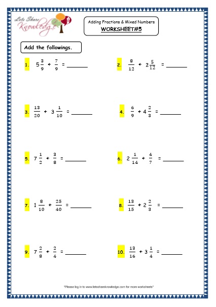  Adding Fractions and Mixed Numbers Printable Worksheets Worksheet