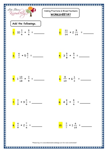 grade 4 maths resources 2 4 4 adding fractions and mixed numbers printable worksheets lets share knowledge