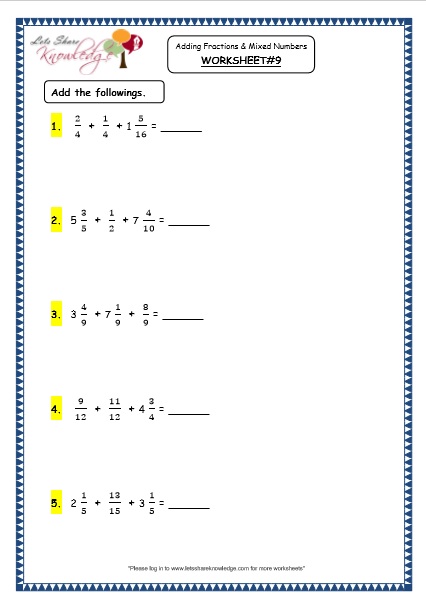  Adding Fractions and Mixed Numbers Printable Worksheets Worksheet