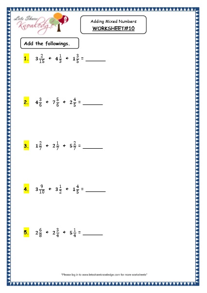 fractions adding mixed numbers grade 4 maths resources printable worksheets w10