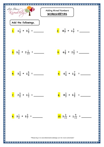  Adding Mixed Numbers Fractions Printable Worksheets Worksheet