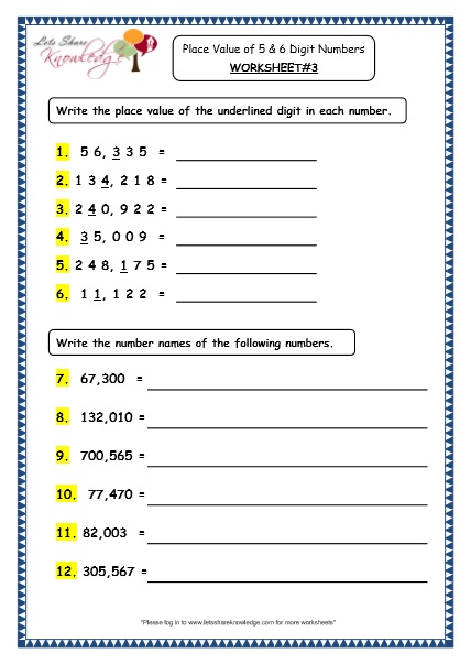  Place Value of 5 and 6 Digit Numbers Printable Worksheets Worksheets