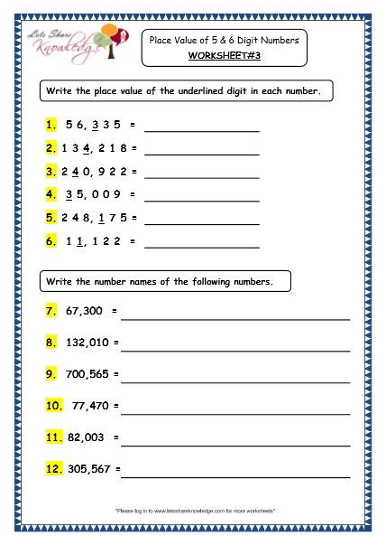 grade 4 maths resources 1 1 place value of 5 and 6 digit numbers printable worksheets lets share knowledge