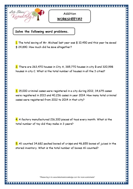  Word Problems Addition Printable Worksheets 