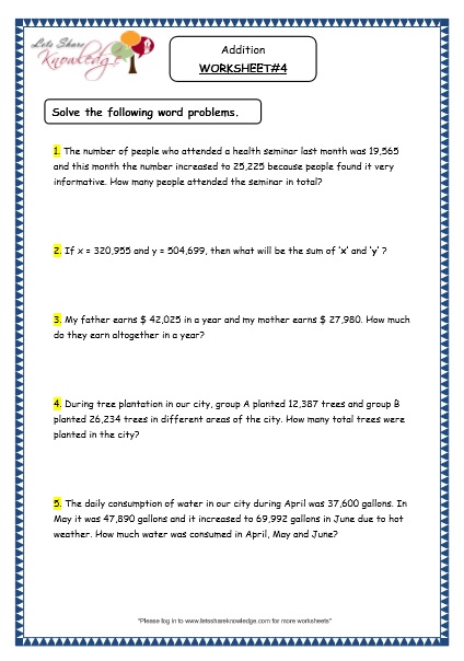 grade 4 maths resources 1 4 5 word problems addition printable worksheets lets share knowledge