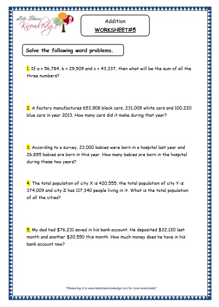 word problems addition grade 4 maths resources printable worksheets topic