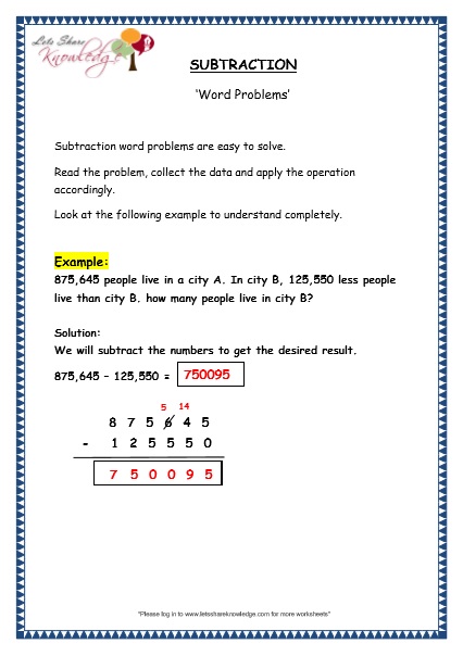  Subtraction Word Problems Printable Worksheets