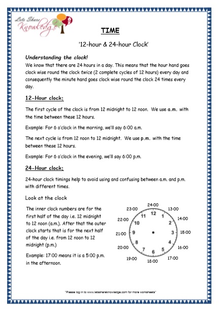  Time - 12-hour & 24-hour Clock Printable Worksheets