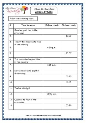 12-hour & 24-hour Clock grade 4 maths resources printable worksheets w10
