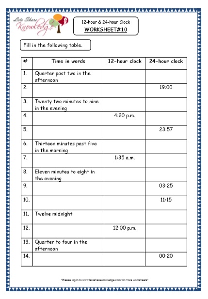 12-hour & 24-hour Clock grade 4 maths resources printable worksheets w10