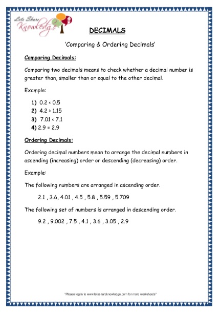 Comparing and Ordering Decimals Printable Worksheets