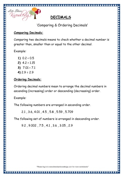 Grade 4 Maths Resources (3.3 Comparing and Ordering Decimals Printable ...