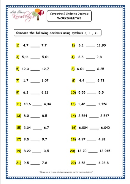  Comparing and Ordering Decimals Printable Worksheets 