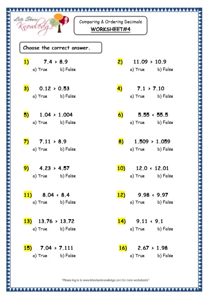  Comparing and Ordering Decimals Printable Worksheets Worksheet 