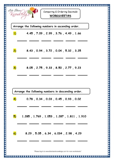  Comparing and Ordering Decimals Printable Worksheets Worksheet