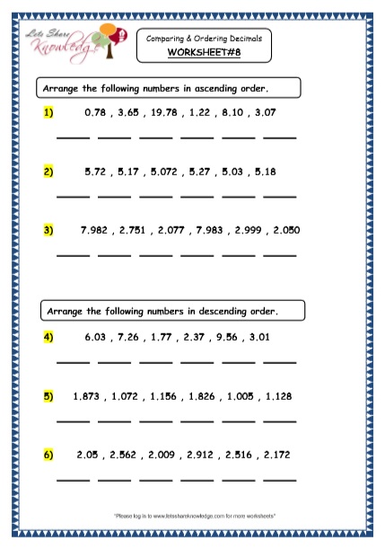  Comparing and Ordering Decimals Printable Worksheets Worksheet