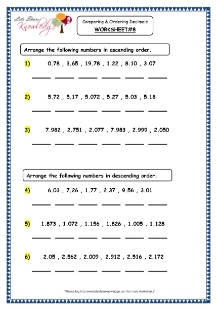 Grade 4 Maths Resources (3.3 Comparing And Ordering Decimals Printable 