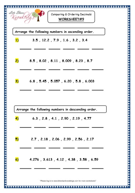 grade 4 maths resources 3 3 comparing and ordering decimals printable worksheets lets share knowledge