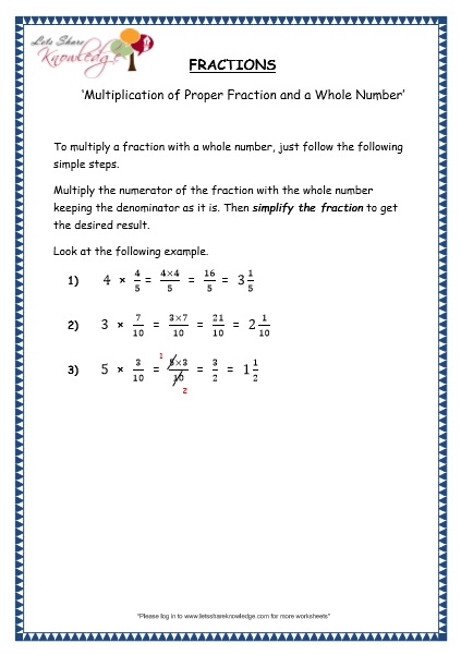  Multiplication of Proper Fraction and a Whole Number Printable Worksheets