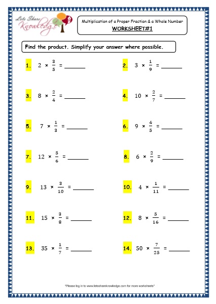  Multiplication of Proper Fraction and a Whole Number Printable Worksheets Worksheet