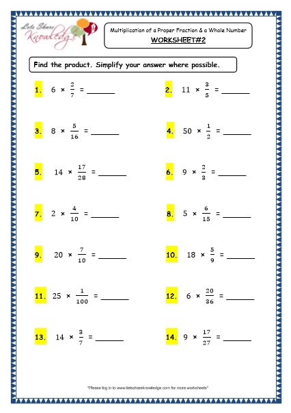  Multiplication of Proper Fraction and a Whole Number Printable Worksheets 