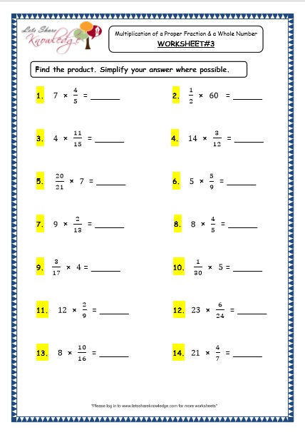  Multiplication of Proper Fraction and a Whole Number Printable Worksheets Worksheets