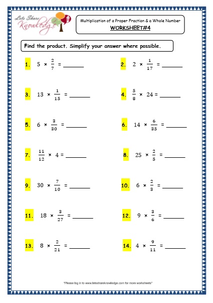  Multiplication of Proper Fraction and a Whole Number Printable Worksheets Worksheet 