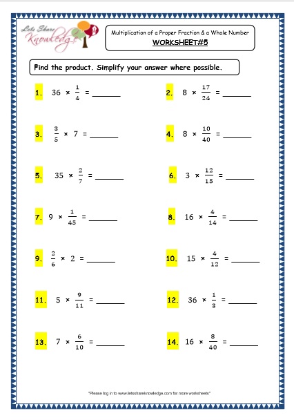  Multiplication of Proper Fraction and a Whole Number Printable Worksheets Worksheet