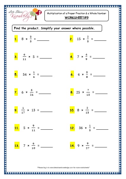 grade 4 maths resources 2 6 3 multiplication of a proper fraction and a whole number printable worksheets lets share knowledge