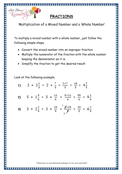  Multiplication of A Mixed Number and a Whole Number Printable Worksheets