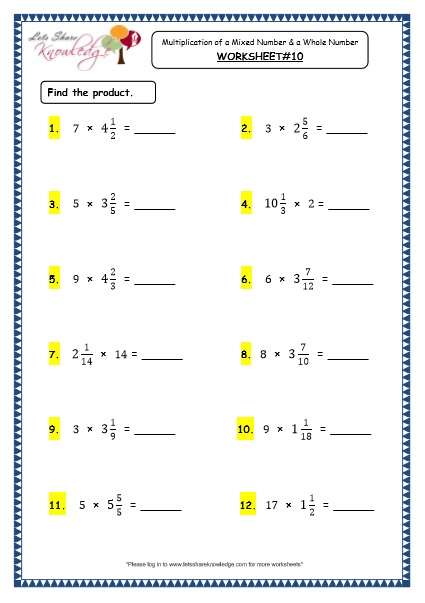 Multiplication of a Mixed Number and a Whole Number grade 4 maths resources printable worksheets