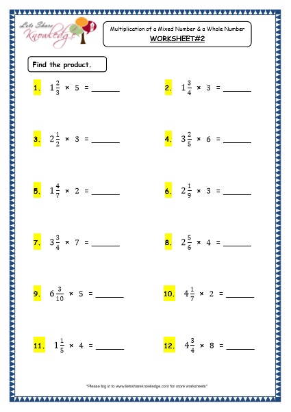  Multiplication of A Mixed Number and a Whole Number Printable Worksheets 