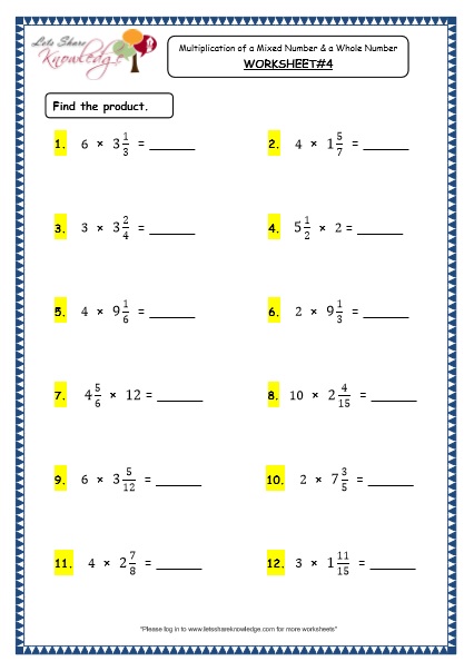  Multiplication of A Mixed Number and a Whole Number Printable Worksheets Worksheet 