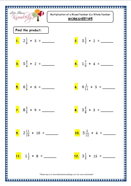  Multiplication of A Mixed Number and a Whole Number Printable Worksheets Worksheet