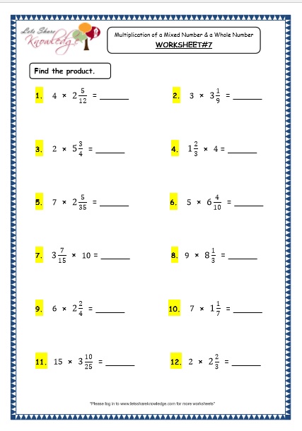  Multiplication of A Mixed Number and a Whole Number Printable Worksheets Worksheet