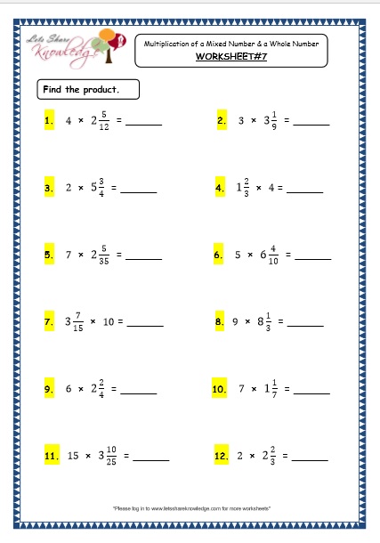 grade 4 maths resources 2 6 4 multiplication of a mixed number and a whole number printable worksheets lets share knowledge