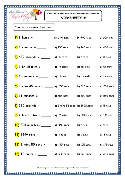  Time - Conversion between Hours, Minutes and Seconds Printable Worksheets Worksheet