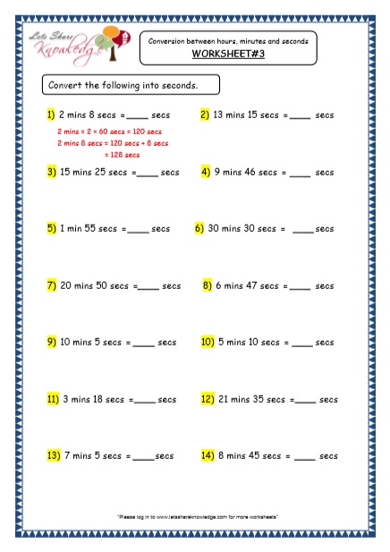  Time - Conversion between Hours, Minutes and Seconds Printable Worksheets Worksheets