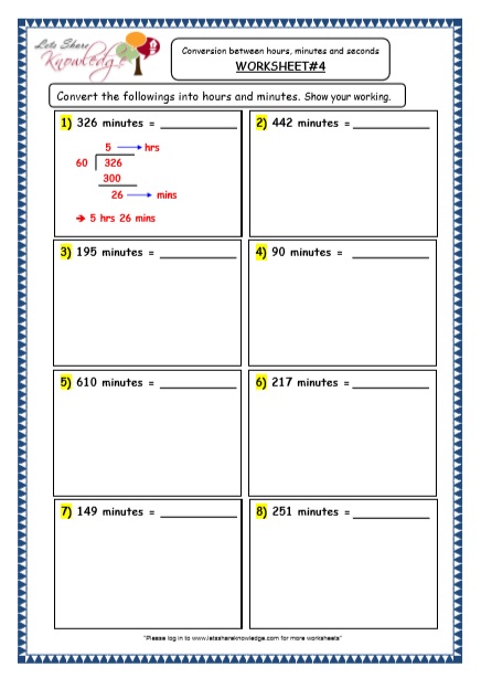  Time - Conversion between Hours, Minutes and Seconds Printable Worksheets Worksheet 