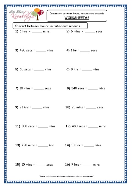  Time - Conversion between Hours, Minutes and Seconds Printable Worksheets Worksheet