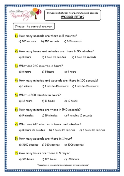 Time Conversion between hours, minutes and seconds grade 4 maths resources printable worksheets