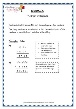 addition of decimals grade 4 maths resources printable worksheets topic