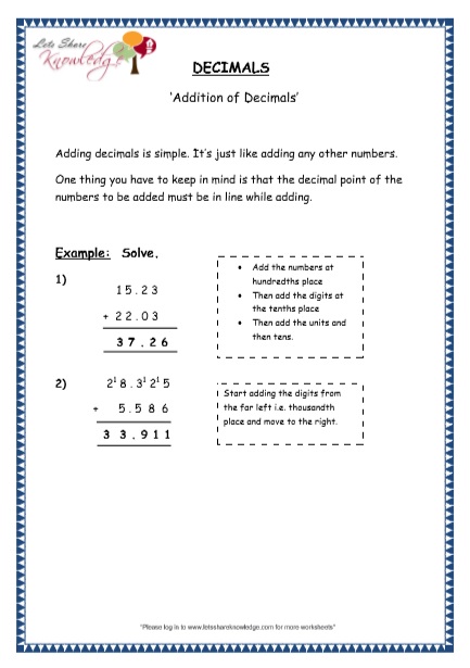 addition of decimals grade 4 maths resources printable worksheets topic