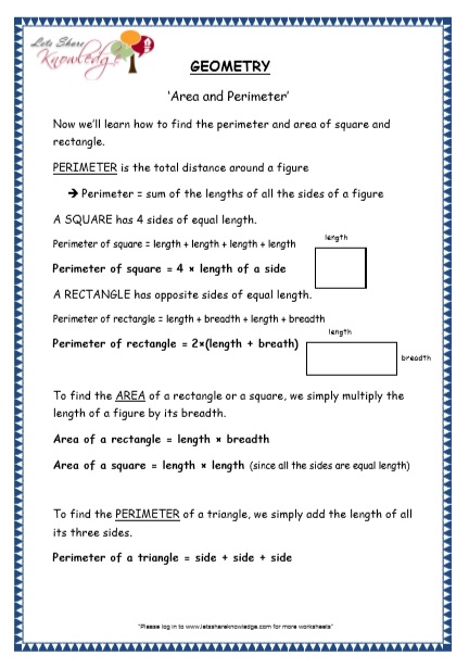 area and perimeter grade 4 maths resources printable worksheets explanation