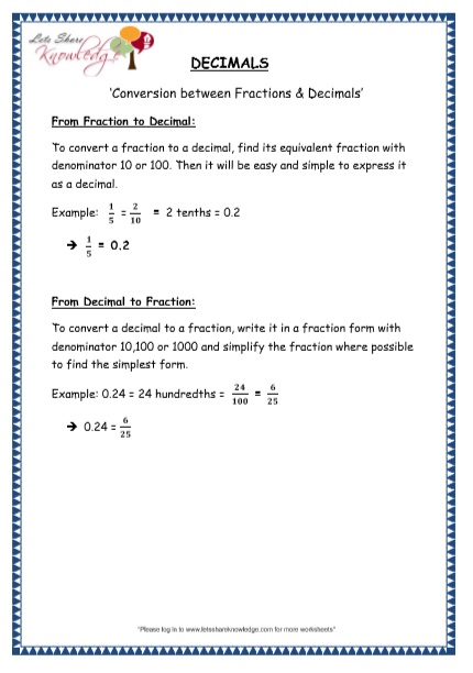  Conversion between Fractions and Decimals Printable Worksheets