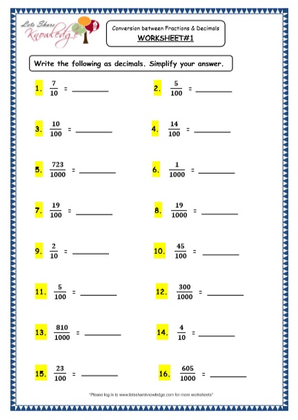 grade 4 maths resources 3 2 conversion between fractions and decimals printable worksheets lets share knowledge