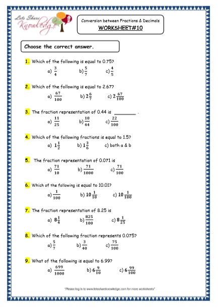 decimals Conversion between Fractions & Decimals grade 4 maths resources printable worksheets