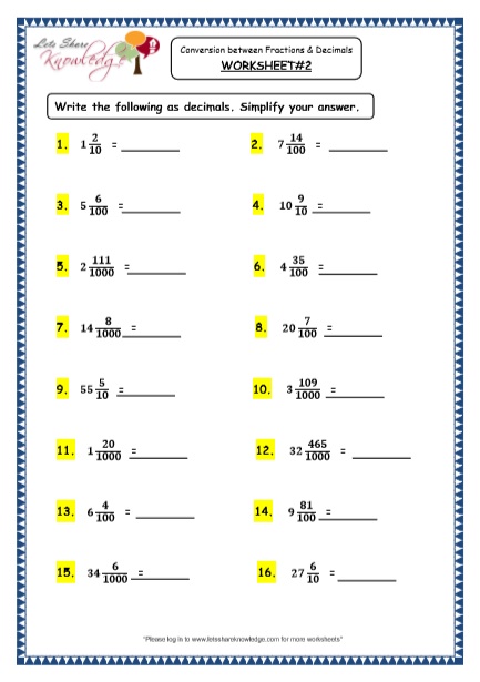  Conversion between Fractions and Decimals Printable Worksheets 