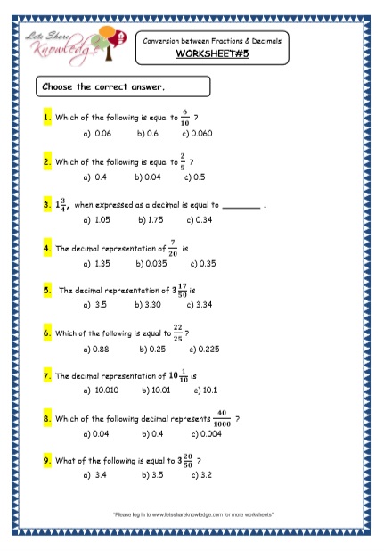  Conversion between Fractions and Decimals Printable Worksheets Worksheet